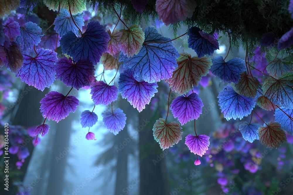 Poster colorful leaves hang from branches in a mystical forest with soft light filtering through trees