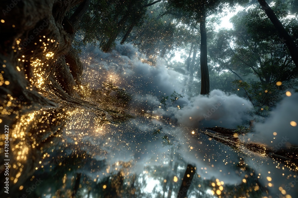 Poster magical forest with glowing particles and mist during twilight in a serene woodland setting