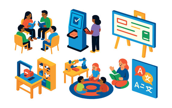 Isometric flat vector set of illustrations of public library programs: reading group icon, digital checkout station, book club schedule, maker space area, librarian help, storytime rug, community