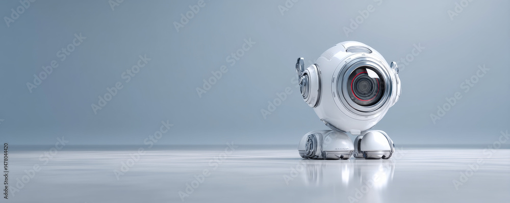 Poster futuristic robot camera with a sleek design on a polished surface.