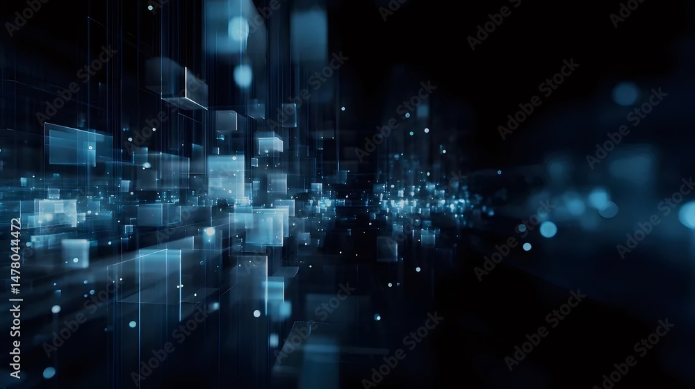Poster futuristic abstract technology background with glowing blue cubes and geometric structures on a dark