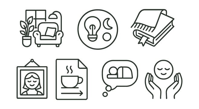 Line style icons of comfort and rest: cozy corner icon, lights off badge, blanket and book tag, rest as healing file, &ldquo;I deserve rest&rdquo; board, slow tea chart, permission to nap bubble, decompress