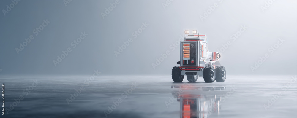 Poster futuristic robot vehicle on reflective surface, showcasing advanced design and innovation.