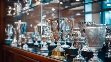 Silver and Gold Trophies Displayed in a Glass Case