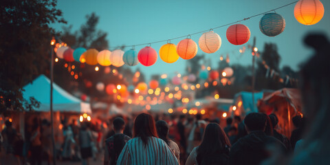 Naklejka premium Outdoor festival with colorful lanterns and people enjoying the festivities on evening.