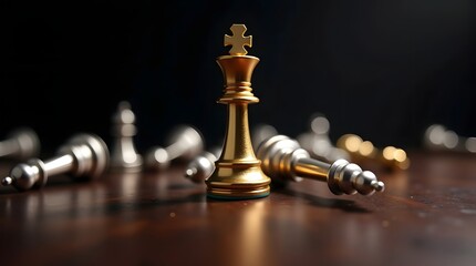 A golden chess king piece stands tall among fallen silver pieces, symbolizing strategy and victory.