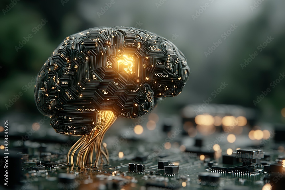 Aufkleber digital brain structure glowing on a circuit board amidst a blurred tech-inspired background