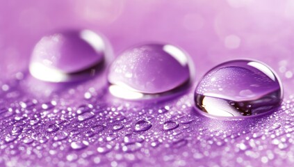 Three water droplets, reflecting purple surface