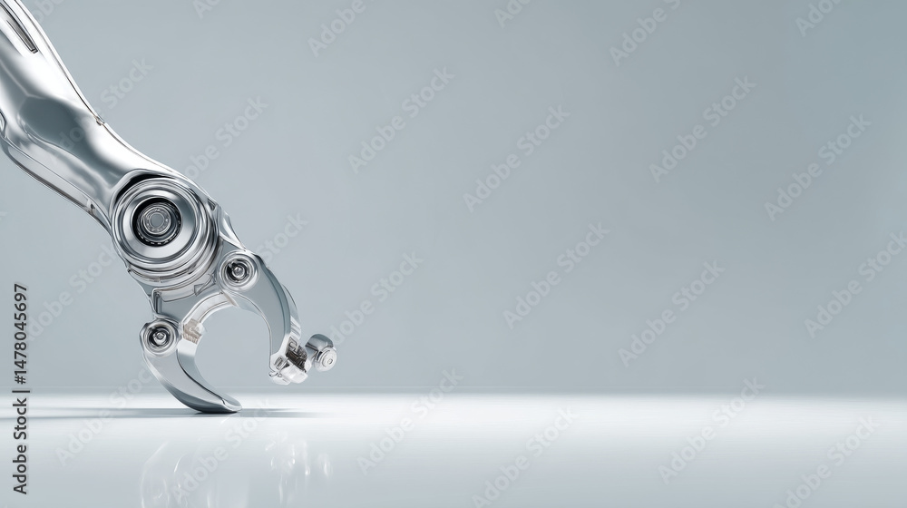Poster futuristic robotic hand reaching out to grasp a metallic object on a smooth surface.
