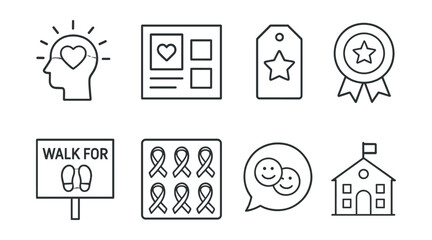 Line style icons of schoolwide awareness campaigns: mental health week icon, poster wall badge, themed activity tag, badge giveaway file, walk for wellness board, awareness ribbons chart, sticker