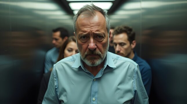 An anxious older man with gray hair in a crowded elevator, surrounded by serious-faced young adults, creating a tense atmosphere.