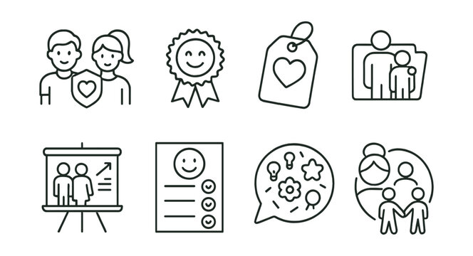 Line style icons of building a supportive school culture: student wellness leaders icon, mental health pledge badge, kindness campaign tag, buddy system file, teacher training board, caring classroom