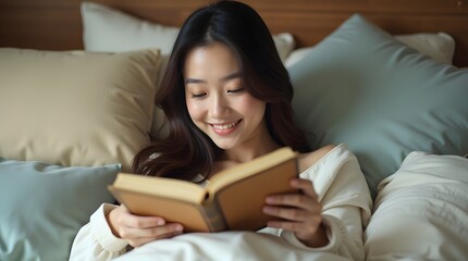 Naklejka premium A smiling Asian woman reading a book in a cozy bed, surrounded by soft pillows and warm colors.