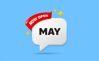 May ribbon speech bubble. Now open flag ribbon. May month icon. Event schedule May date. Meeting appointment planner. 3d sparkle stars speech bubble. Vector