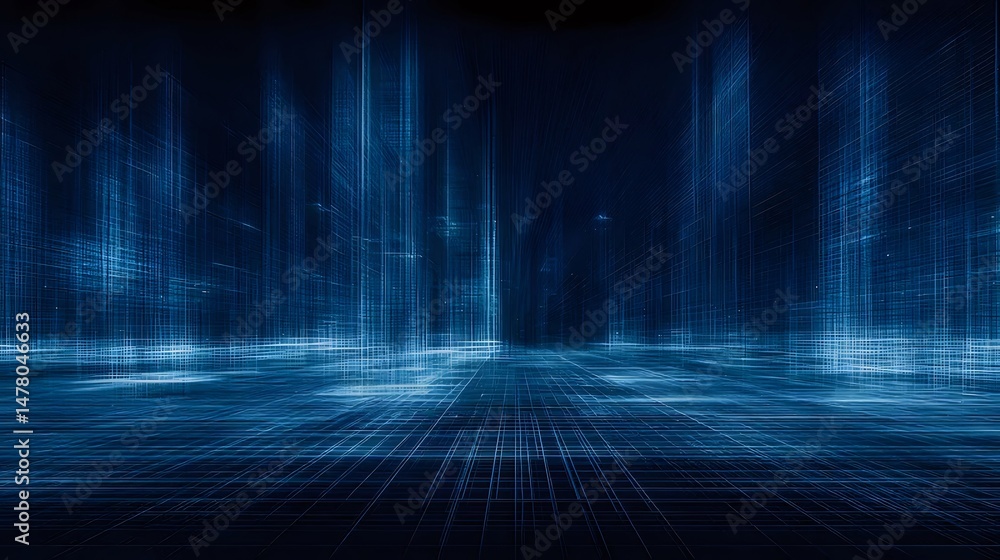 Poster abstract dark blue digital cityscape background with glowing light pattern and futuristic data struc