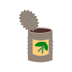 Open tin can with green peas. Food, dry ration for field conditions, camping, hiking, traveling.