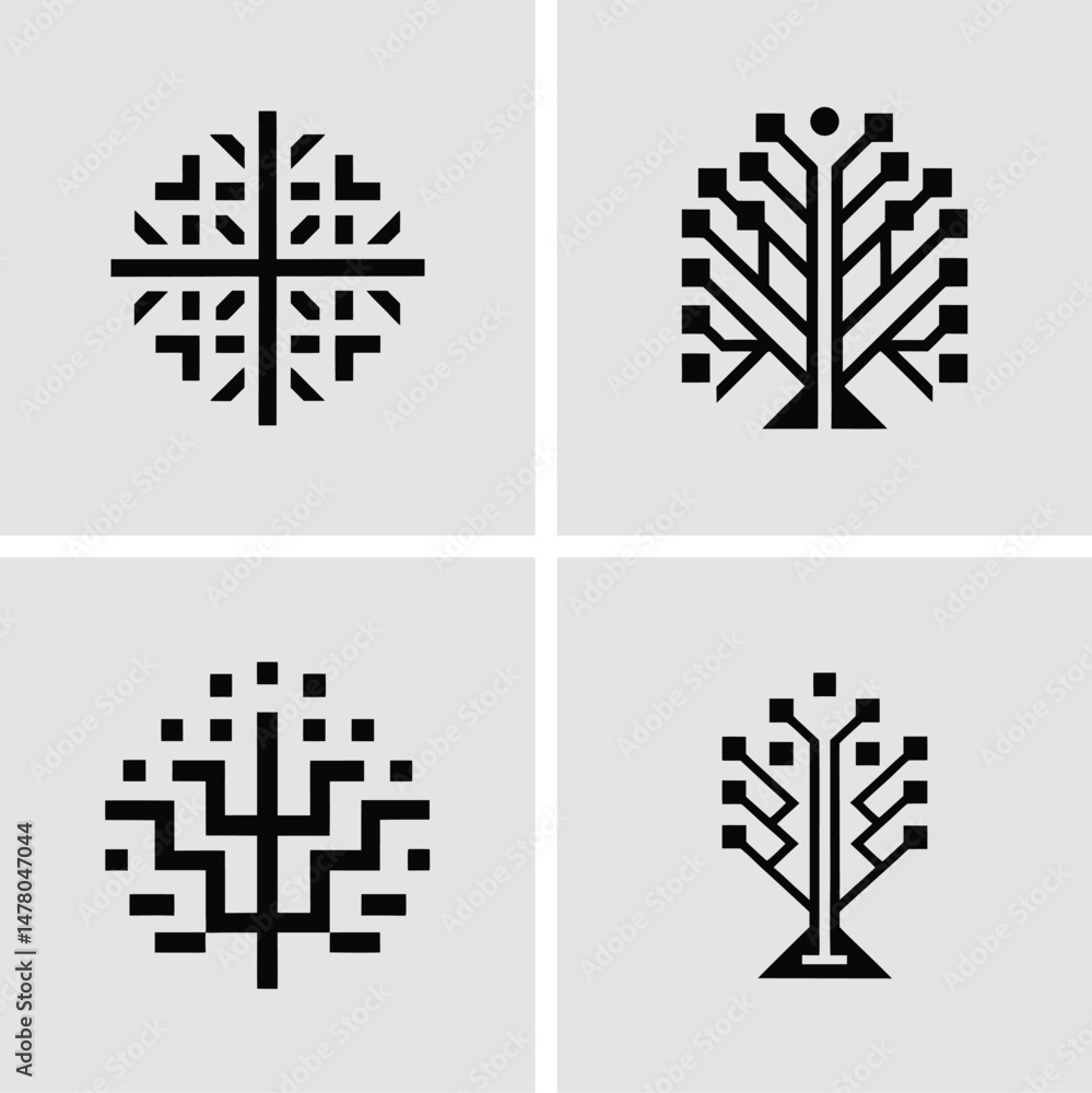 Poster collection of four minimalist tech tree logo designs ideal for branding icons and symbolism
