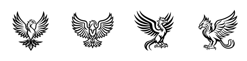 Stylized vector illustrations of mythical birds in dynamic poses for art and design projects