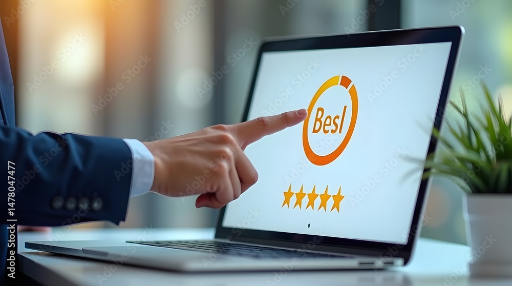Poster a businessman in formal attire points at a sleek laptop screen displaying a review interface with fi