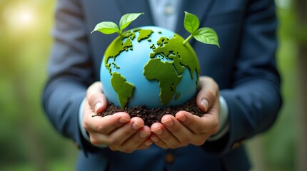 A man in a suit holds a miniature globe with green plants, symbolizing environmental care and sustainability.