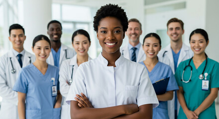 Fototapeta premium Confident female doctor leads diverse medical team bright smiles modern clinic setting