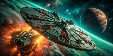 Naklejka premium Star Wars Millennium Falcon Flying Through Nebula HD Spacecraft in Starry Sky Sci-Fi Artwork for Digital Collectors