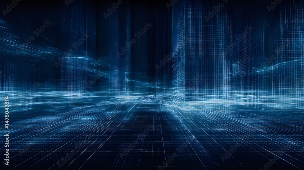 Poster abstract blue data network with light streams virtual cityscape and futuristic lines connection for 