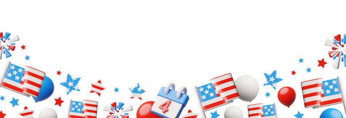 Obraz premium 3D blank banner with stars, fireworks, balloons bottom border in American flag colors.