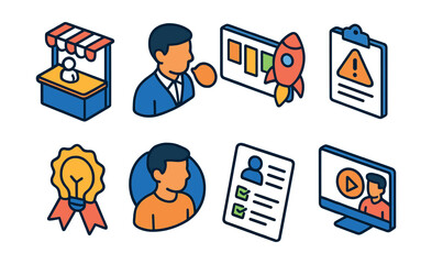 Isometric flat vector icons of Entrepreneurial Ventures: prototype showcase booth, entrepreneur speech bubble, agile launch plan, venture risk assessment, innovation badge, solo founder profile,