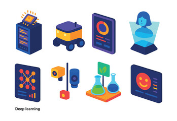 Isometric flat vector of Tech Breakthroughs: ultra-fast AI server rack, autonomous delivery robot, future tech concept screen, holographic AI assistant, deep learning model card, next-gen sensor