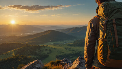 Naklejka premium Traveler with backpack looking over