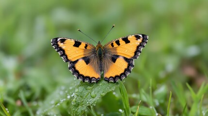 Obraz premium Vibrant butterfly resting on leaf with symmetrical wing pattern close up