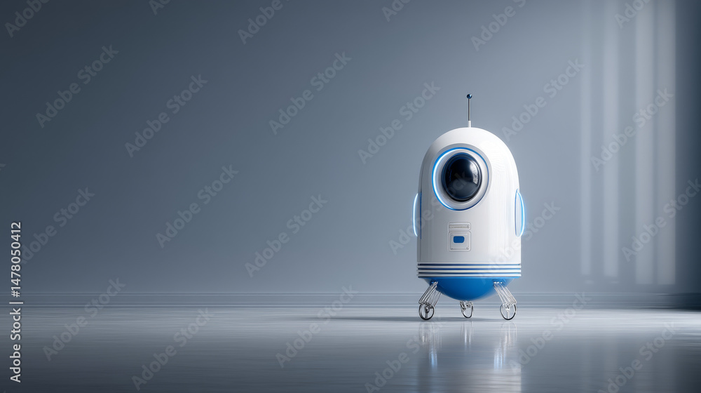 Poster modern robot design in minimalistic space with soft lighting and futuristic aesthetics.