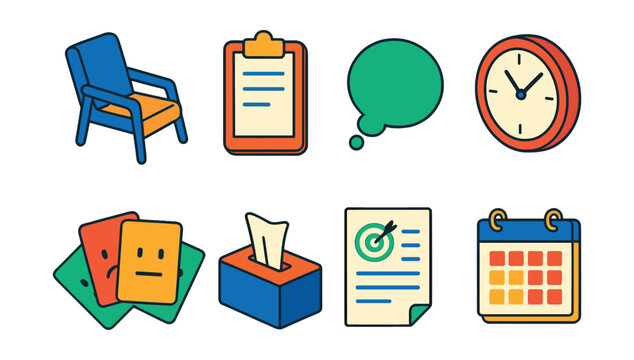 Isometric flat vector set of illustrations of therapy and counseling tools: therapy chair, clipboard, thought bubble, emotion cards, session clock, tissues box, goal setting page, calendar booking.
