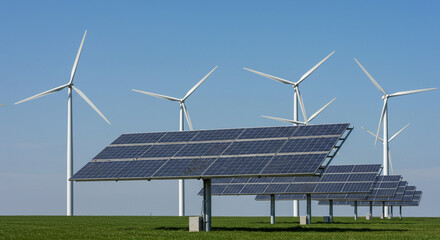 Sustainable energy landscape featuring solar panels and wind turbines on field