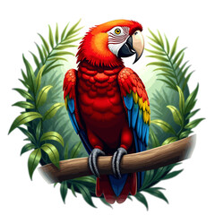 Colorful parrot sitting on a branch in jungle, vector ollustration on transparent background