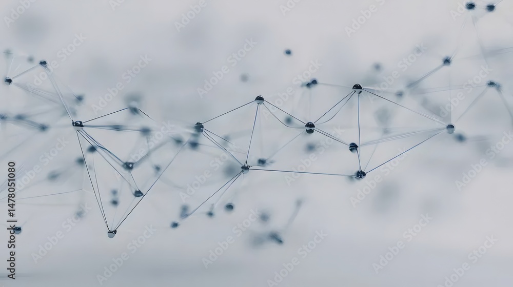 Poster complex network of interconnected blue lines and nodes on white background representing global commu