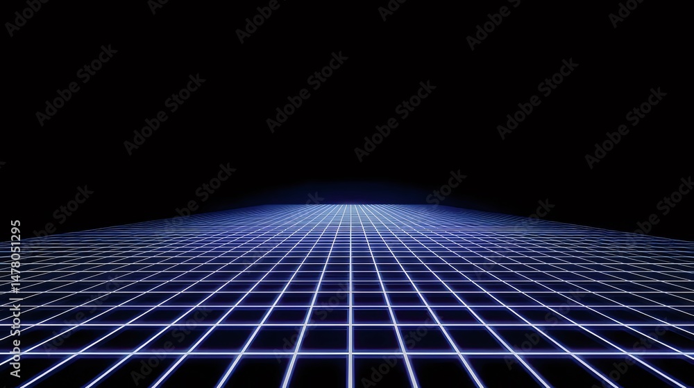 Poster glowing blue geometric wireframe grid on black background futuristic digital surface pattern artific