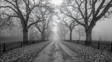 Foggy pathway lined with bare trees, leading into a mysterious background