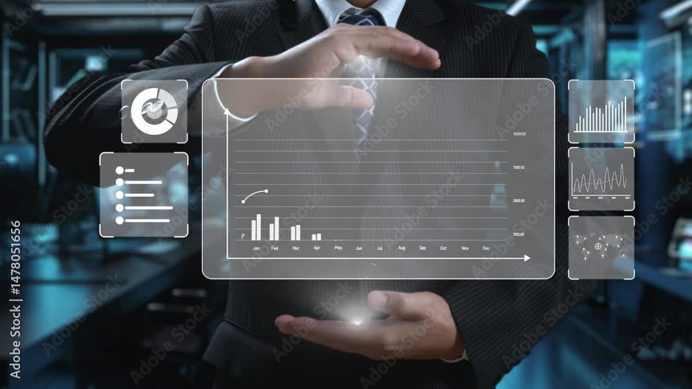 Poster business person delve into data analytics to uncover trends and insights from predictive big data mo