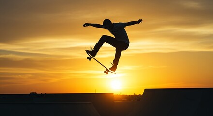 Skateboarder Jumping at Sunset