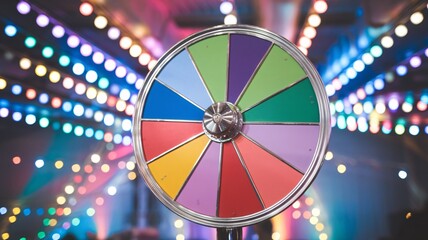 A colorful prize wheel featuring vibrant sections, set against a backdrop of dazzling lights.