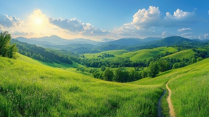 Fototapeta premium Serene panoramic view of lush green hills under a bright blue sky at sunset