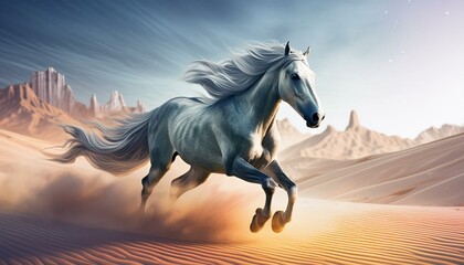 Fototapeta premium horse run gallop in desert sand against blue sky