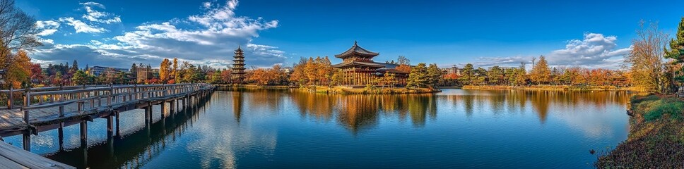 Fototapeta premium A tranquil autumn scene at Nara public park showcases a pond, maple leaves, and a historic oriental pavilion beautifully reflected in the water
