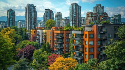 Obraz premium Vibrant urban landscape showcasing colorful buildings amidst lush greenery