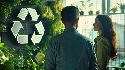 A couple stands together, observing a recycling symbol surrounded by greenery, promoting eco-friendly habits and a sustainable lifestyle. - Powered by Adobe
