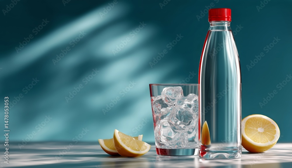 Poster refreshing water with lemon and ice in a bright setting