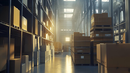 Sunlit Warehouse Interior with Stacked Cardboard Boxes