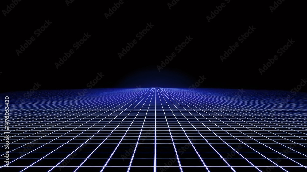 Poster abstract blue grid wireframe background with white dots in a dark environment futuristic network and